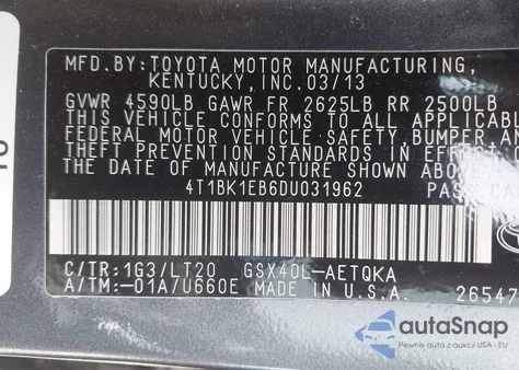 2013 Toyota Avalon Xle Touring from USA, damaged, VIN 4T1BK1EB6DU031962